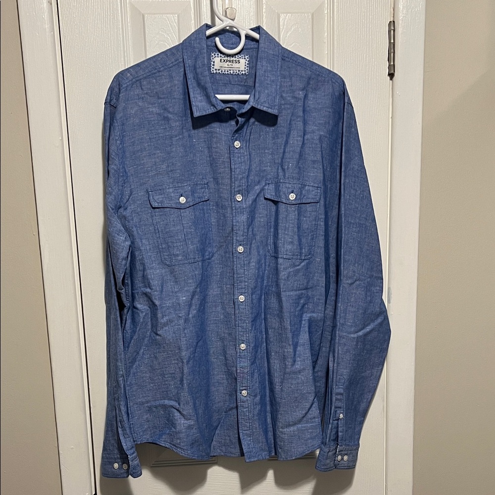 Express Blue Casual Button Down Linen Shirt